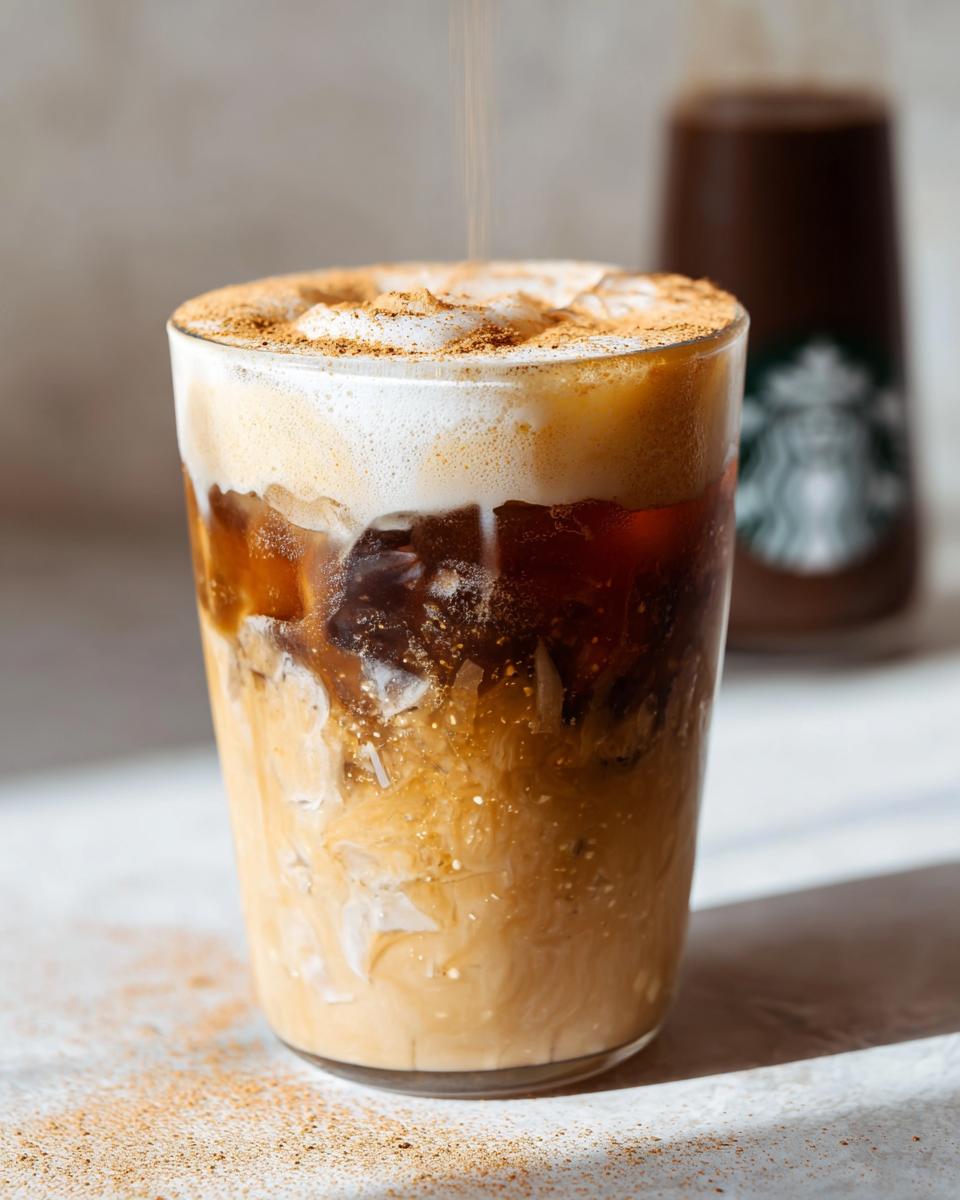 Close-up of an Iced Brown Sugar Oatmilk Shaken Espresso with foam topping being sprinkled with cinnamon.