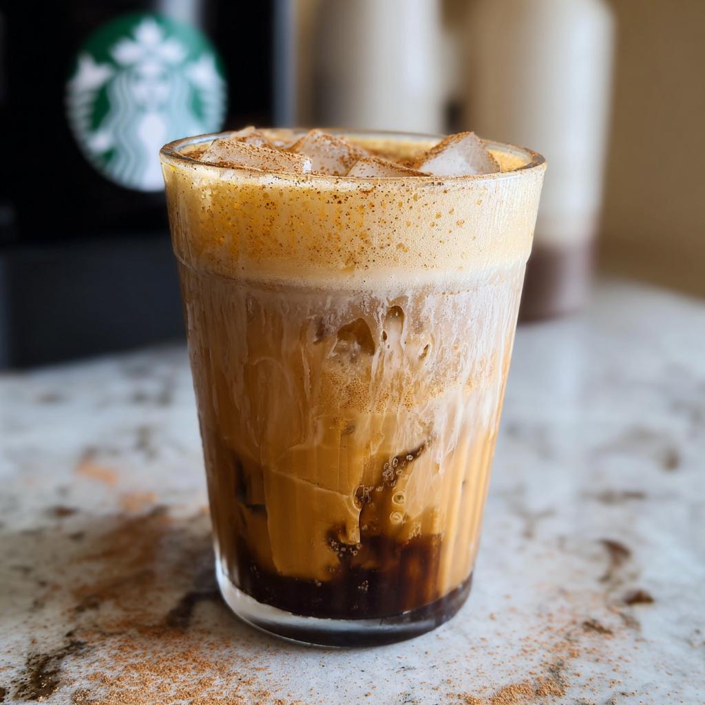 A tall glass filled with an Iced Brown Sugar Oatmilk Shaken Espresso, layered with ice, coffee, and foamy oat milk, topped with cinnamon.