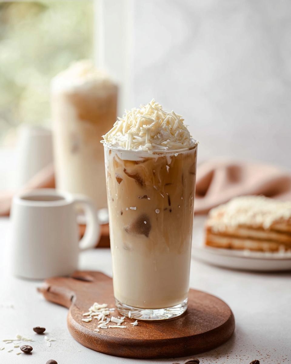 A tall glass of Iced White Chocolate Mocha topped with whipped cream and generous white chocolate shavings.