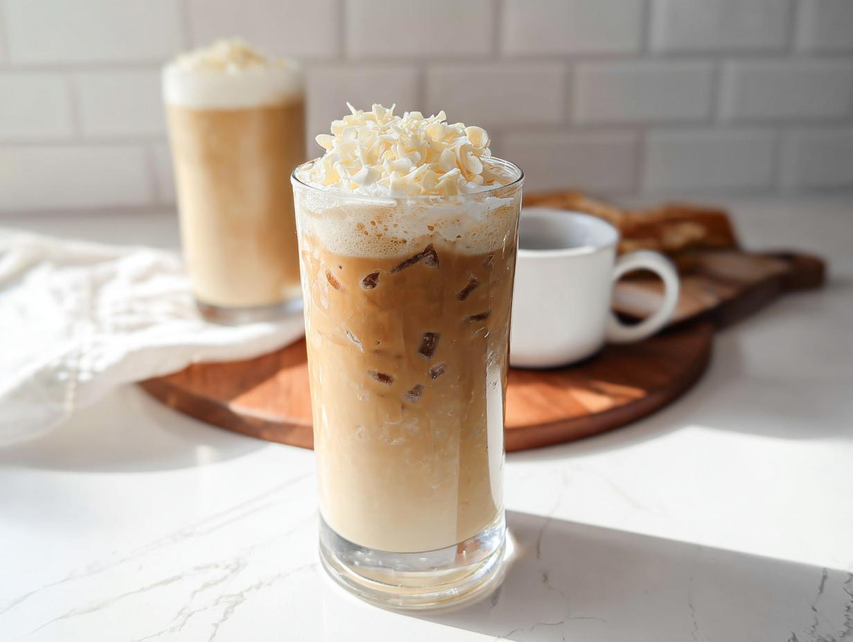 A tall glass of Iced White Chocolate Mocha topped with whipped cream and white chocolate shavings.