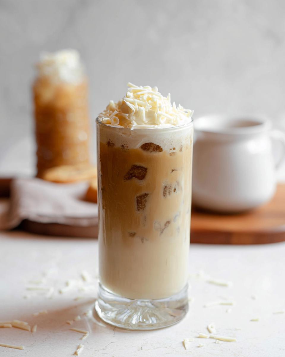 A tall glass of Iced White Chocolate Mocha topped with whipped cream and white chocolate shavings.