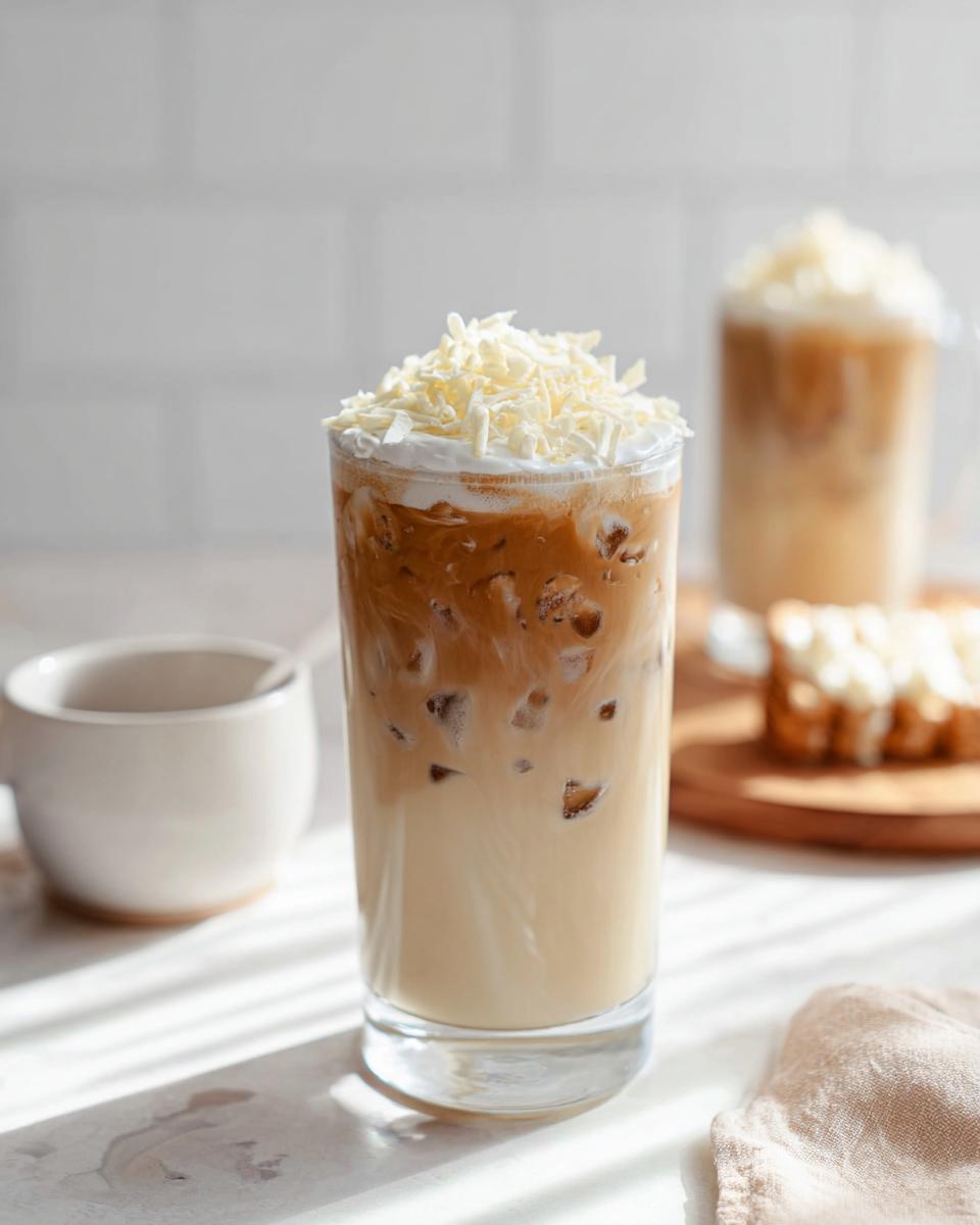 A tall glass of Iced White Chocolate Mocha layered with milk, coffee, and topped with whipped cream and white chocolate shavings.