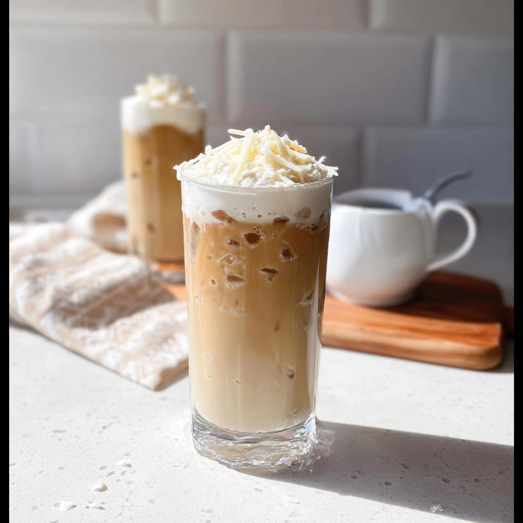 Close-up of a tall glass filled with an Iced White Chocolate Mocha, topped with whipped cream and white chocolate shavings.