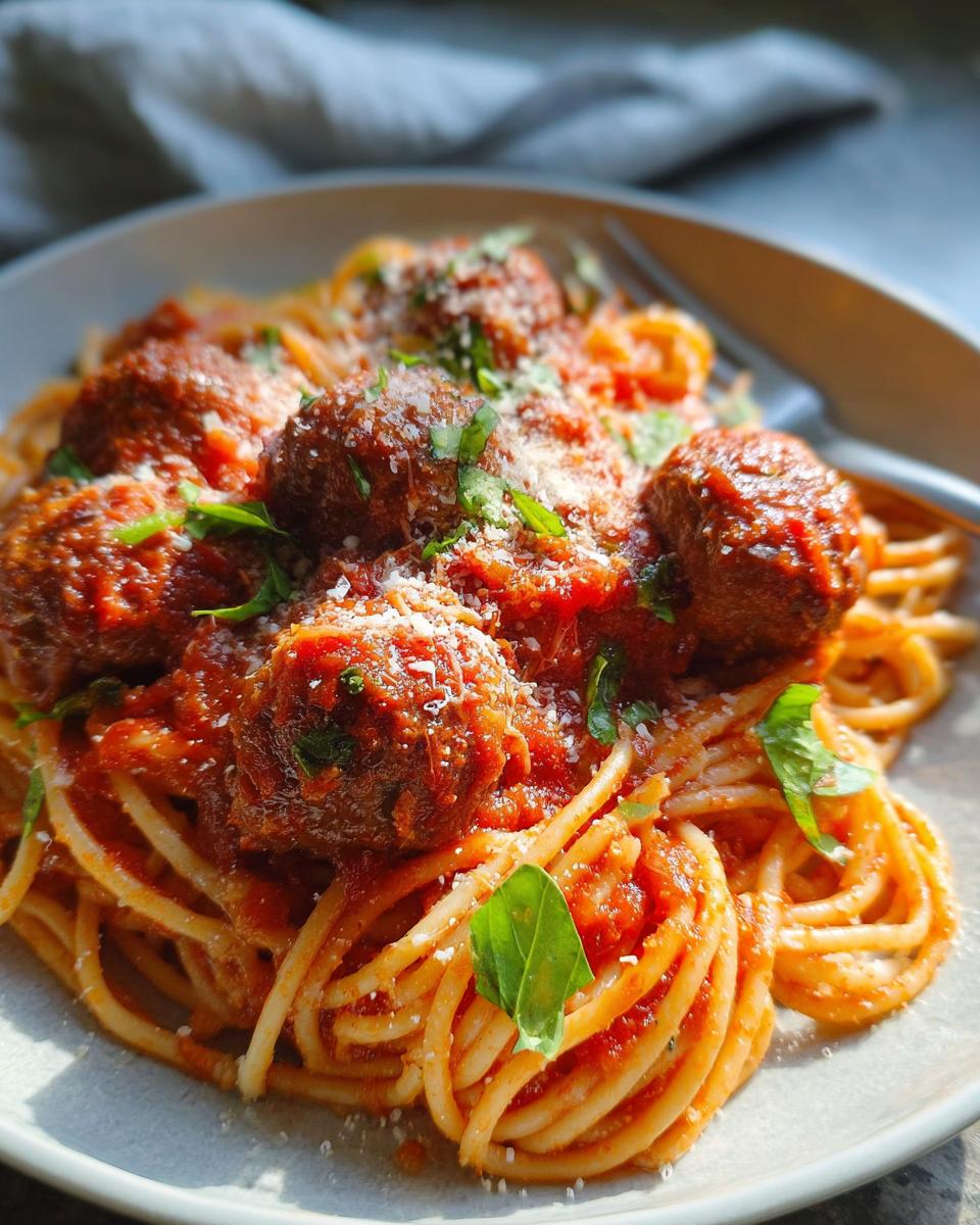 A close-up of a plate of Italian Spaghetti and Meatballs covered in rich tomato sauce, Parmesan cheese, and fresh basil.
