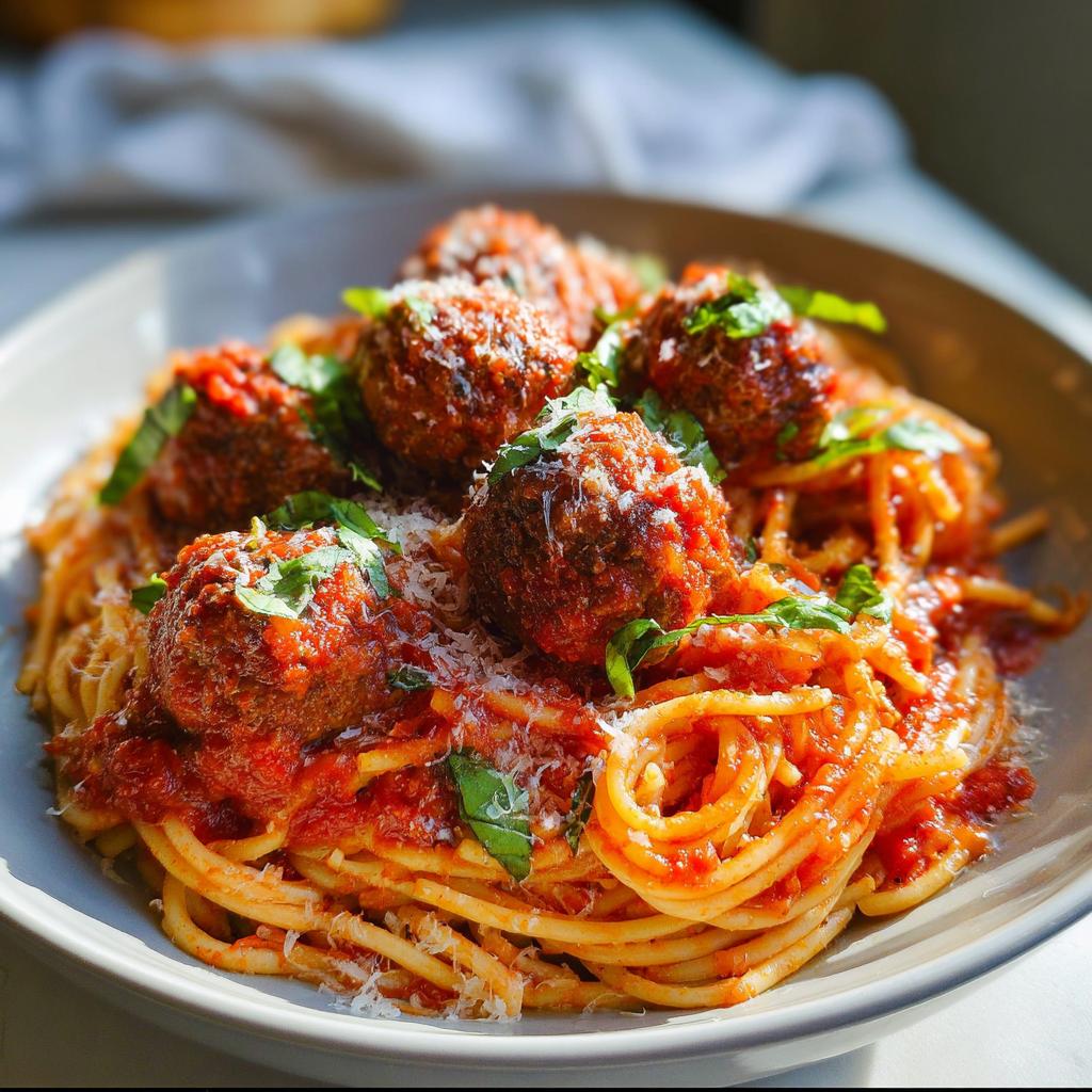 A close-up of a bowl of The Best Italian Spaghetti and Meatballs coated in rich tomato sauce, topped with Parmesan and basil.