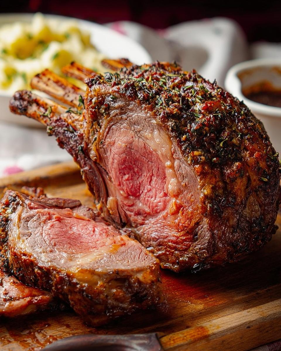 Close-up of a juicy, medium-rare Prime Rib roast, carved on a wooden board with a thick herb crust.
