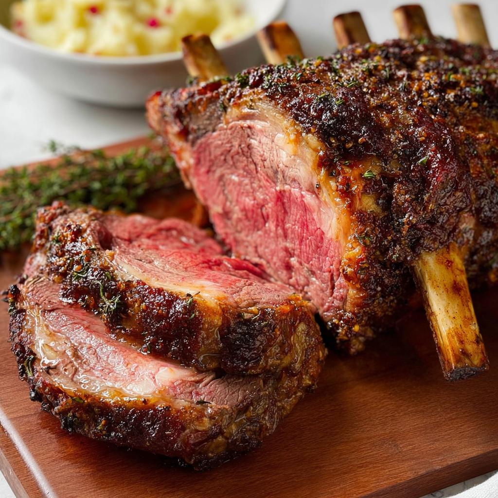 A juicy, tender Prime Rib roast, sliced to show medium-rare center and herb crust, resting on a cutting board.