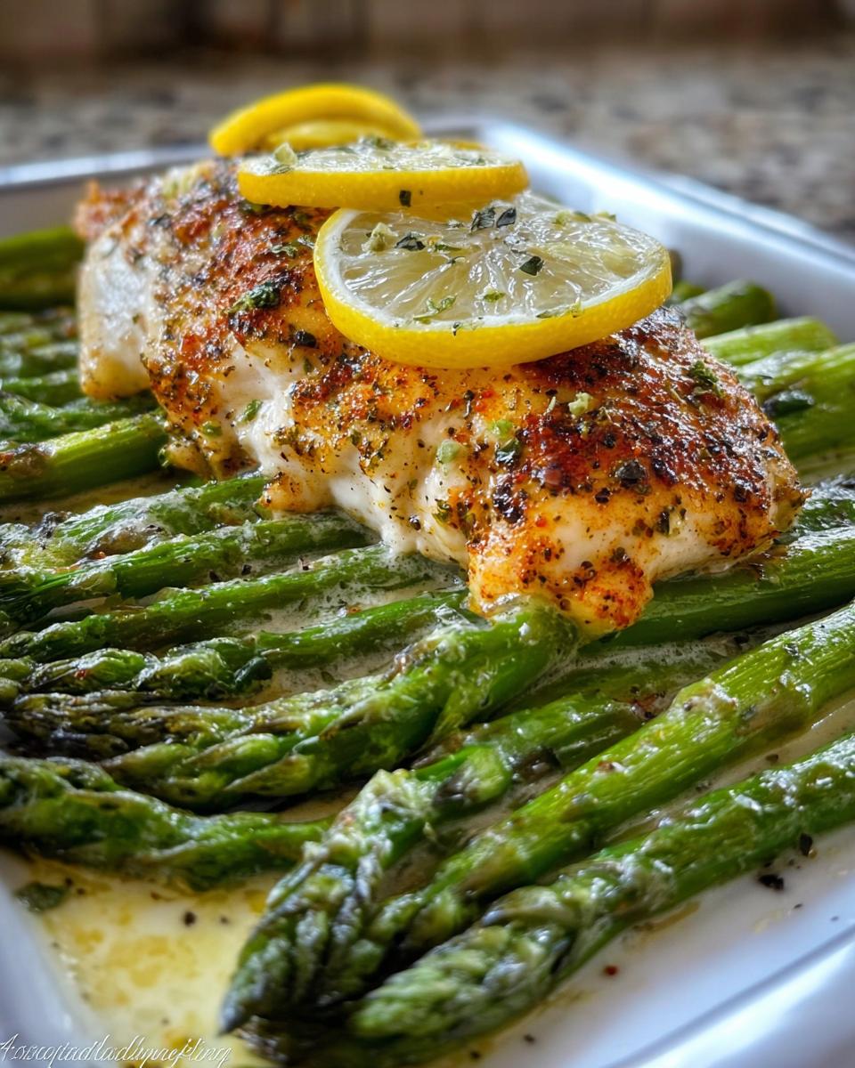A close-up of a baked chicken breast topped with lemon slices, served over a bed of asparagus in a white baking dish.