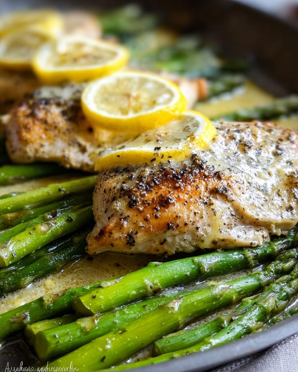Close-up of tender Lemon Butter Chicken with Asparagus, topped with fresh lemon slices and herbs.