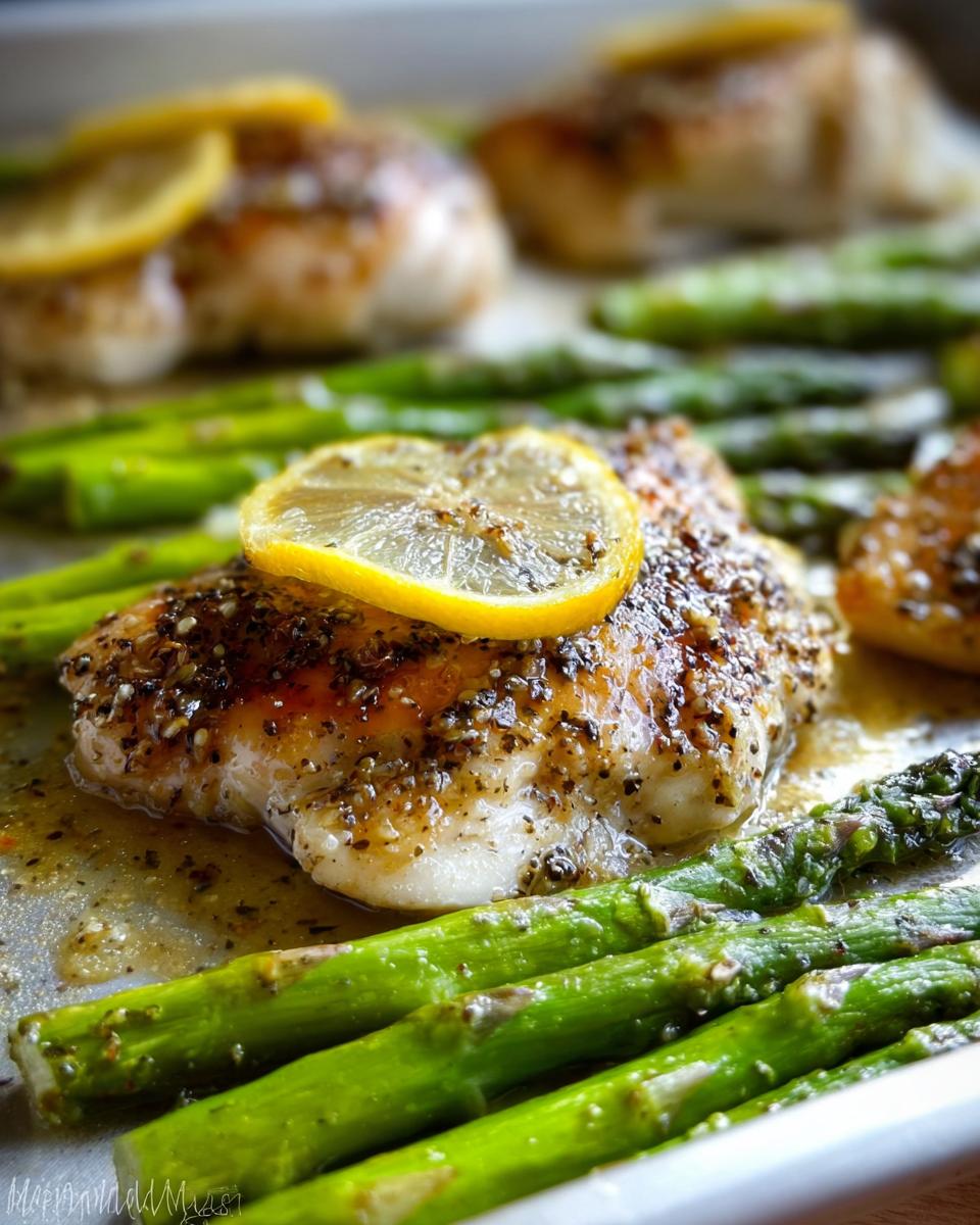Close-up of tender Lemon Butter Chicken with Asparagus, topped with a lemon slice.