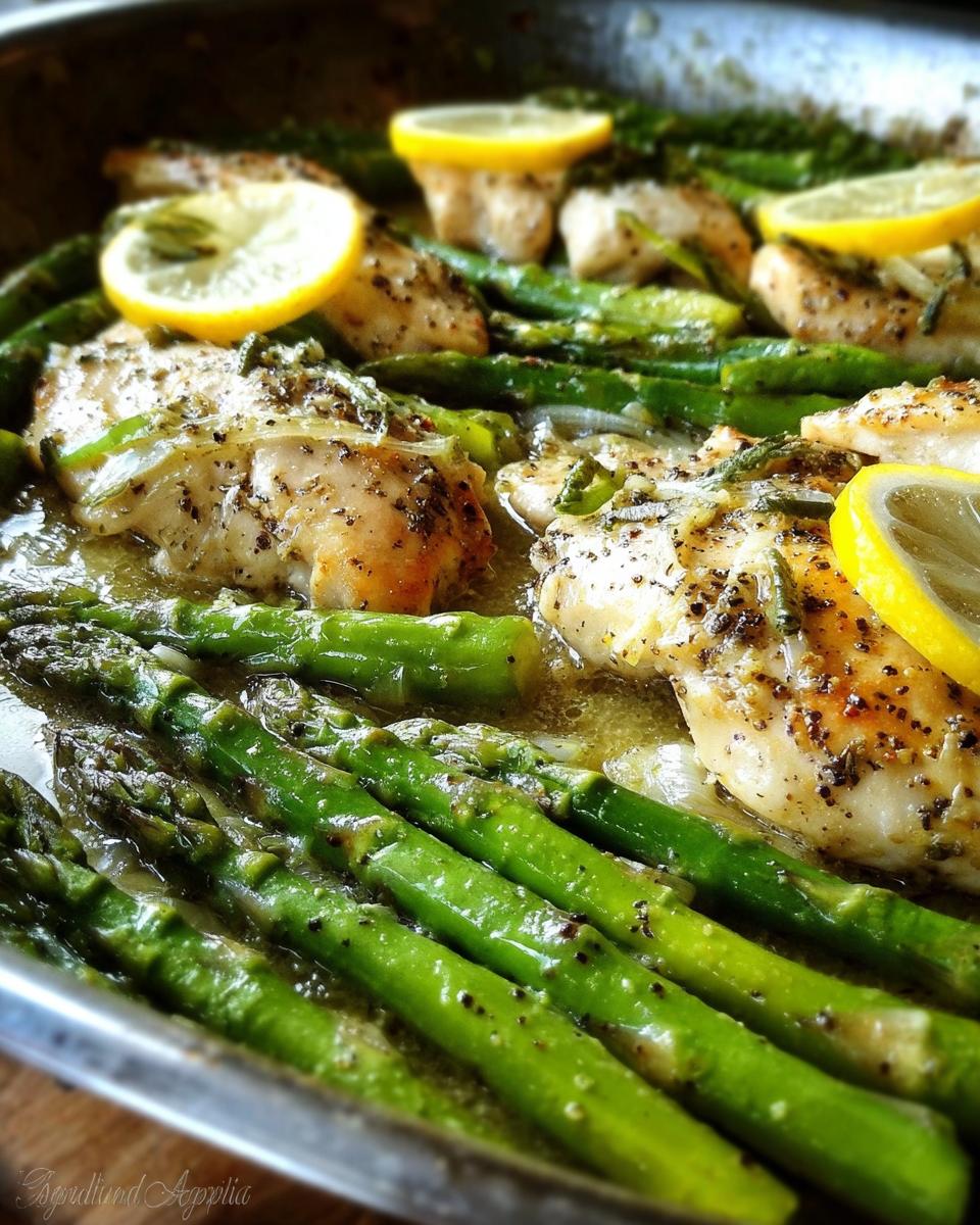 Close-up of Lemon Butter Chicken With Asparagus cooked in a skillet, garnished with lemon slices.