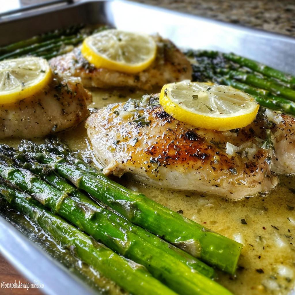 Close-up of tender Lemon Butter Chicken with Asparagus, topped with lemon slices and drizzled in sauce.