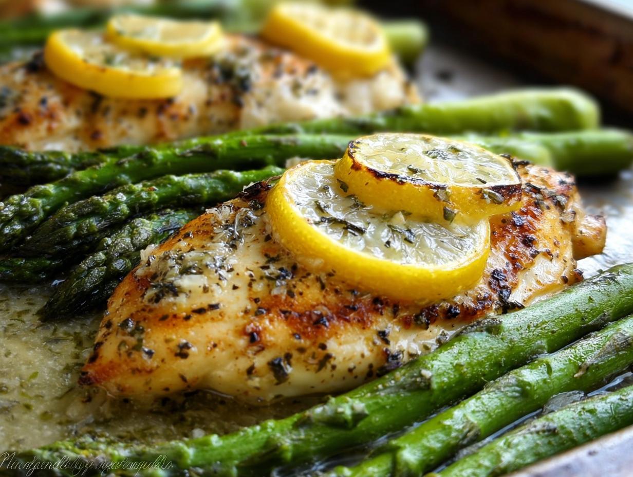 Close-up of Lemon Butter Chicken with Asparagus, garnished with lemon slices and herbs.
