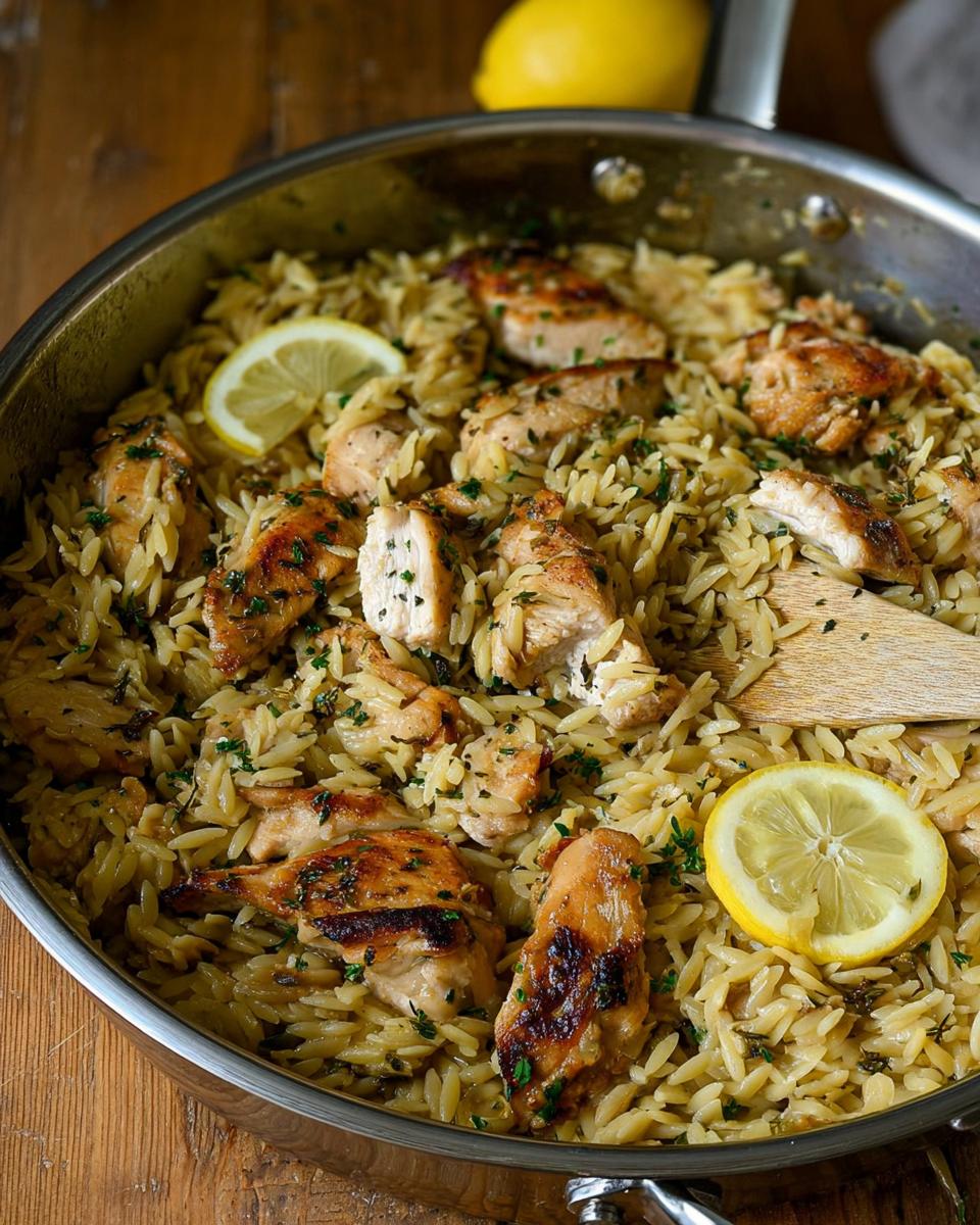 Close-up of Lemon Herb Chicken Orzo Skillet in a pan, garnished with fresh lemon slices and parsley.