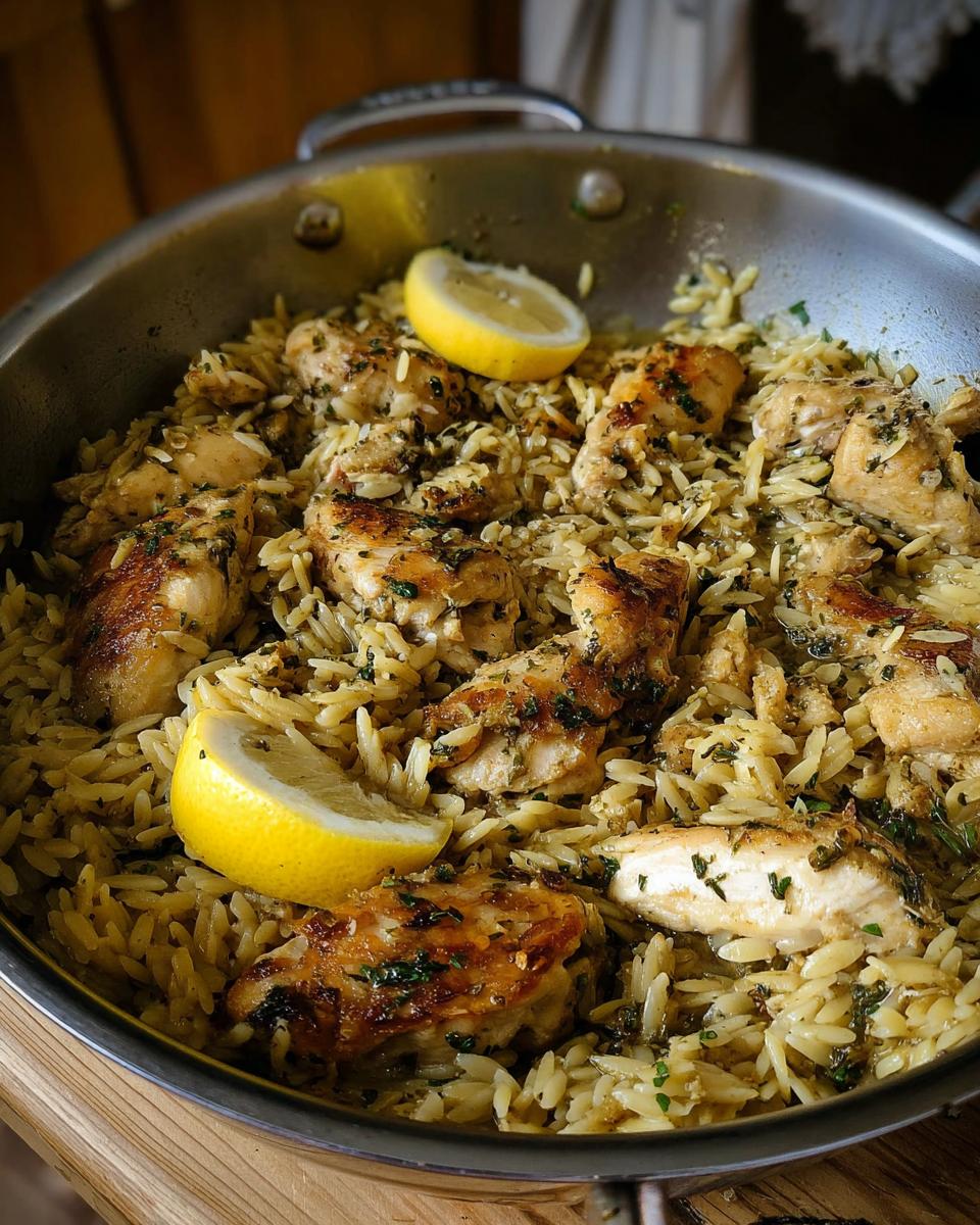 Close-up of Lemon Herb Chicken Orzo Skillet, featuring browned chicken pieces mixed with orzo pasta and garnished with lemon wedges.