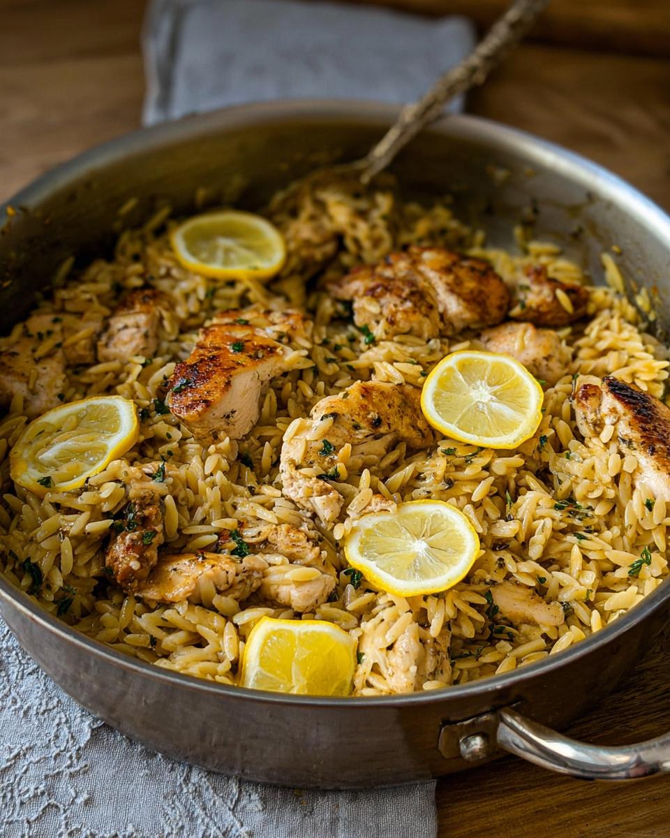 Close-up of Lemon Herb Chicken Orzo Skillet garnished with fresh lemon slices in a metal skillet.