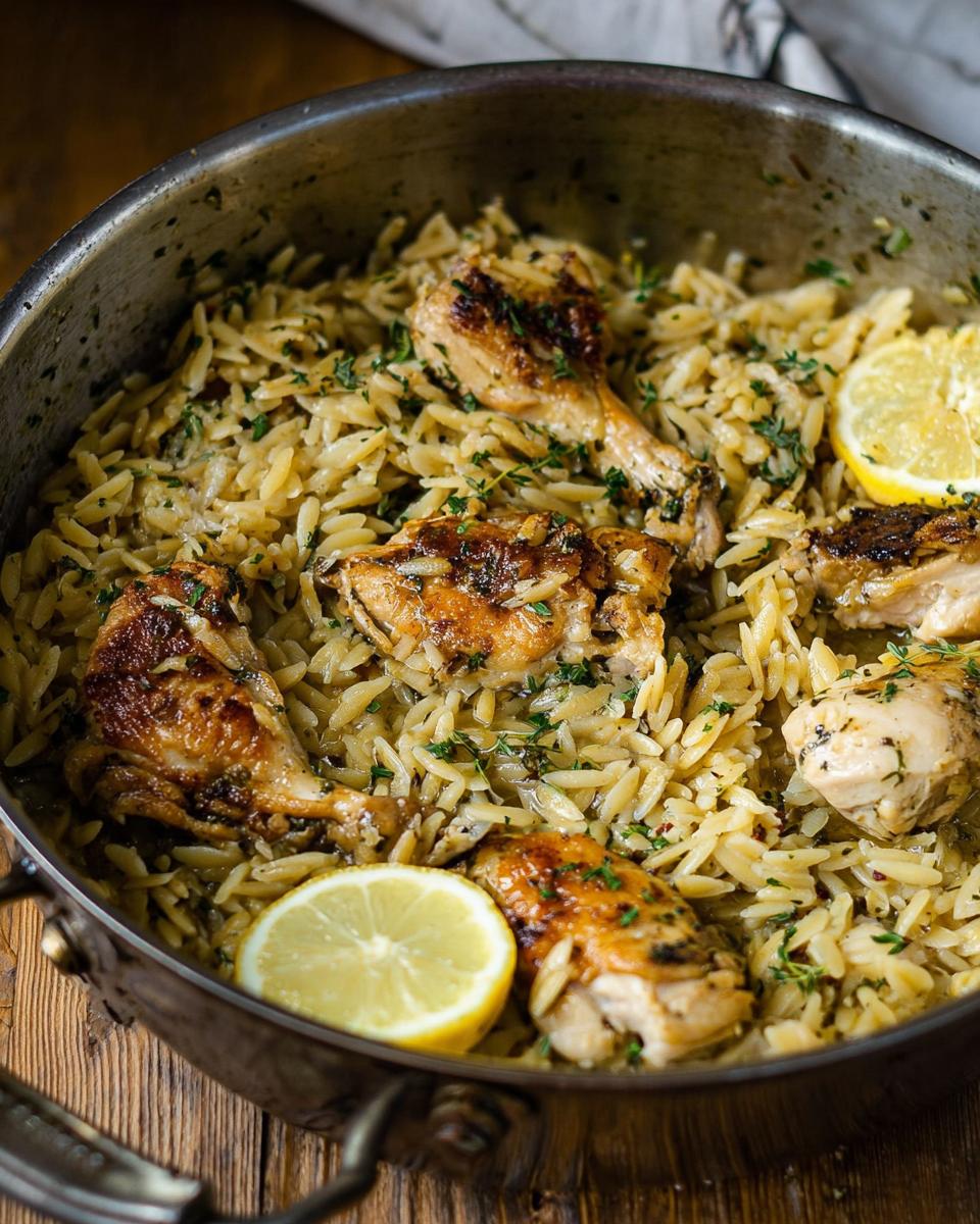 Close-up of Lemon Herb Chicken Orzo Skillet with browned chicken pieces and lemon slices in a metal pan.
