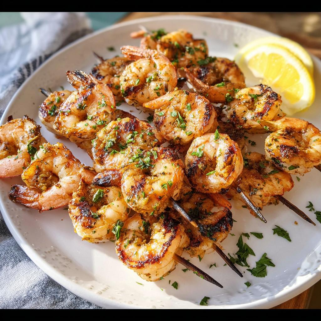 A white plate filled with delicious Lemon Herb Grilled Shrimp Skewers, garnished with parsley and lemon wedges.