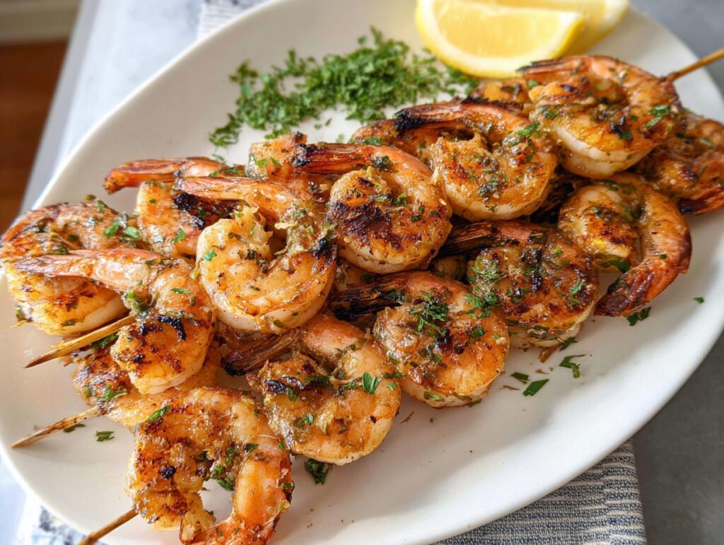 Close-up of delicious Lemon Herb Grilled Shrimp Skewers on a white platter, garnished with parsley and a lemon wedge.
