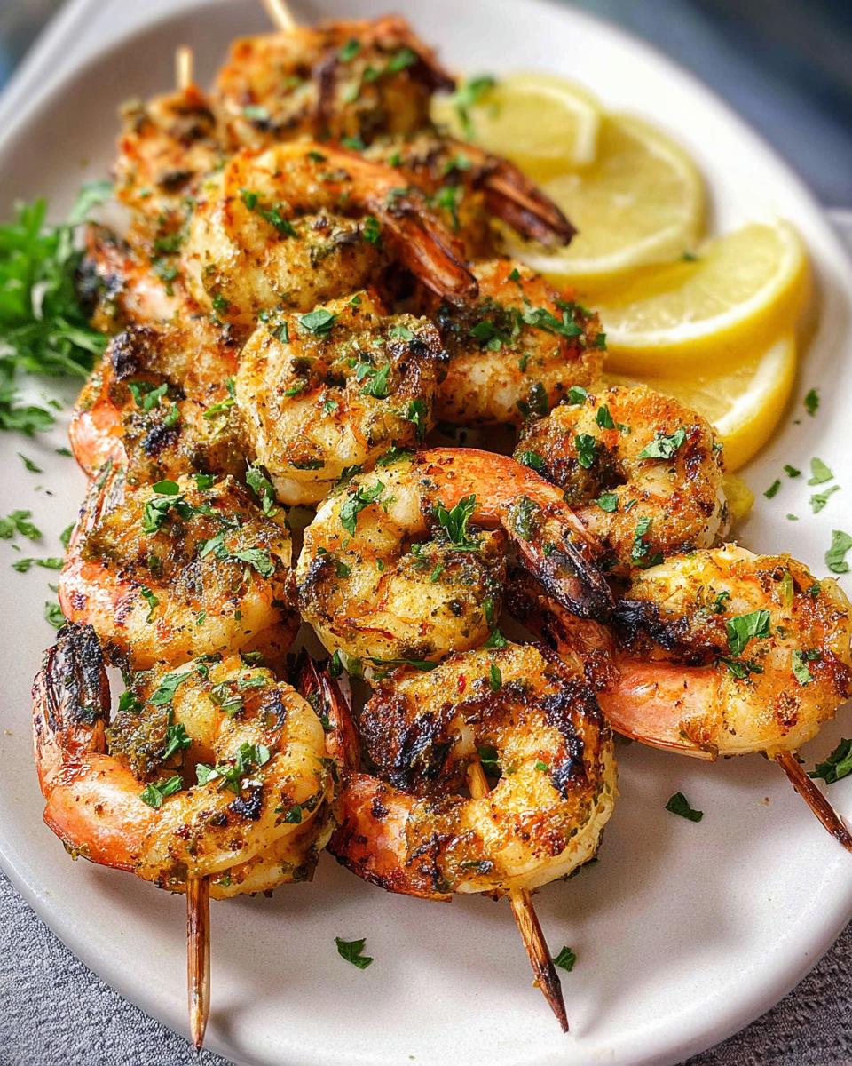Close-up of delicious Lemon Herb Grilled Shrimp Skewers garnished with parsley and lemon slices.