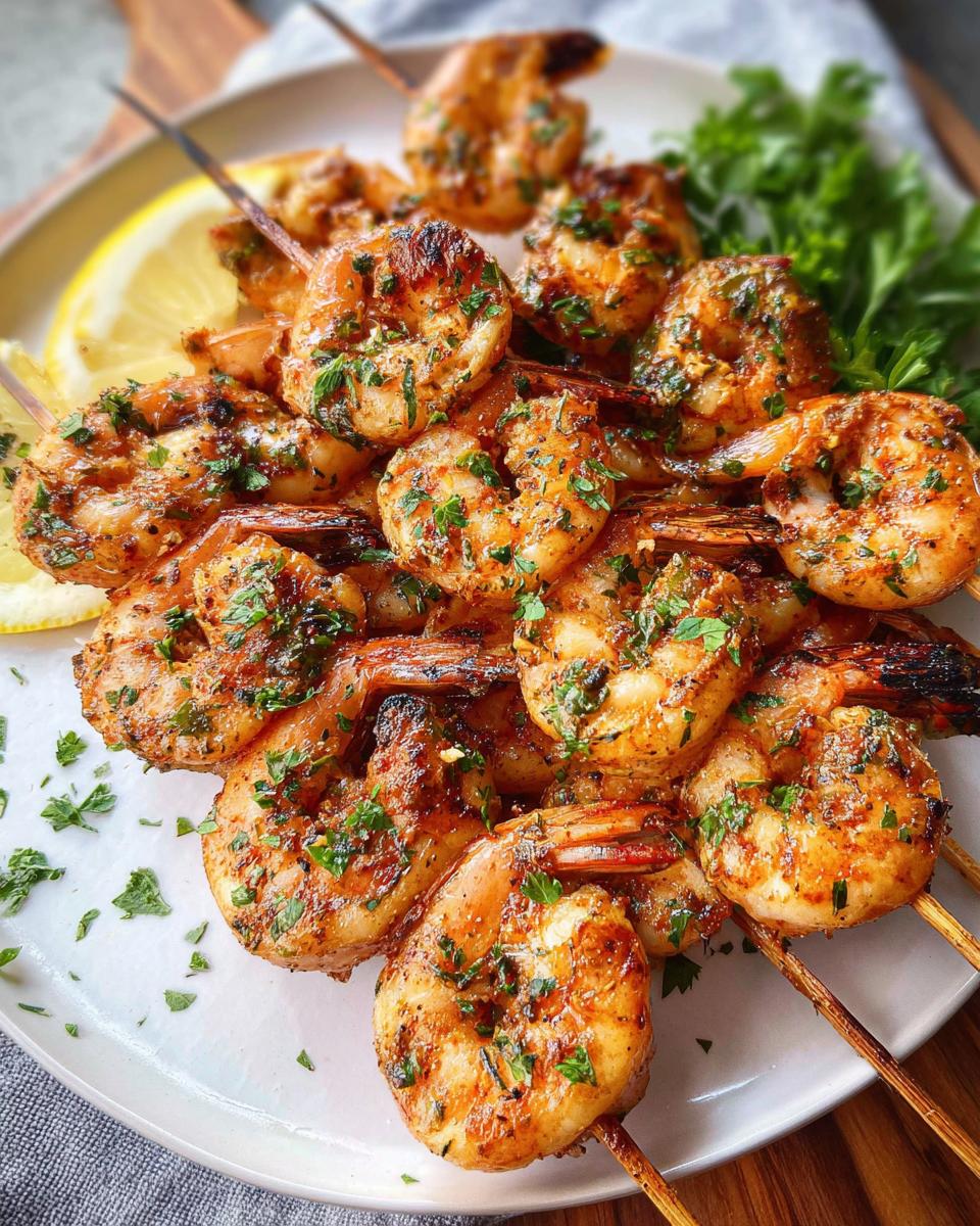 A close-up of a white platter filled with Lemon Herb Grilled Shrimp Skewers, garnished with fresh parsley and lemon slices.