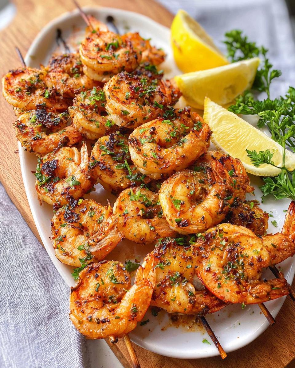 A close-up of delicious Lemon Herb Grilled Shrimp Skewers arranged on a white platter with lemon wedges and parsley.