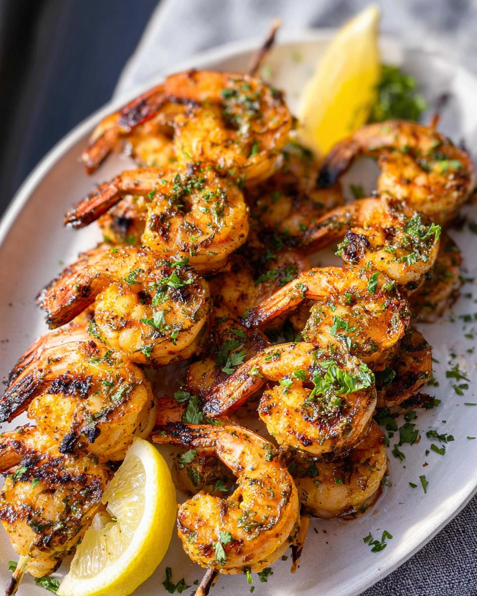 A close-up of Lemon Herb Grilled Shrimp Skewers on a platter, garnished with lemon wedges and parsley.
