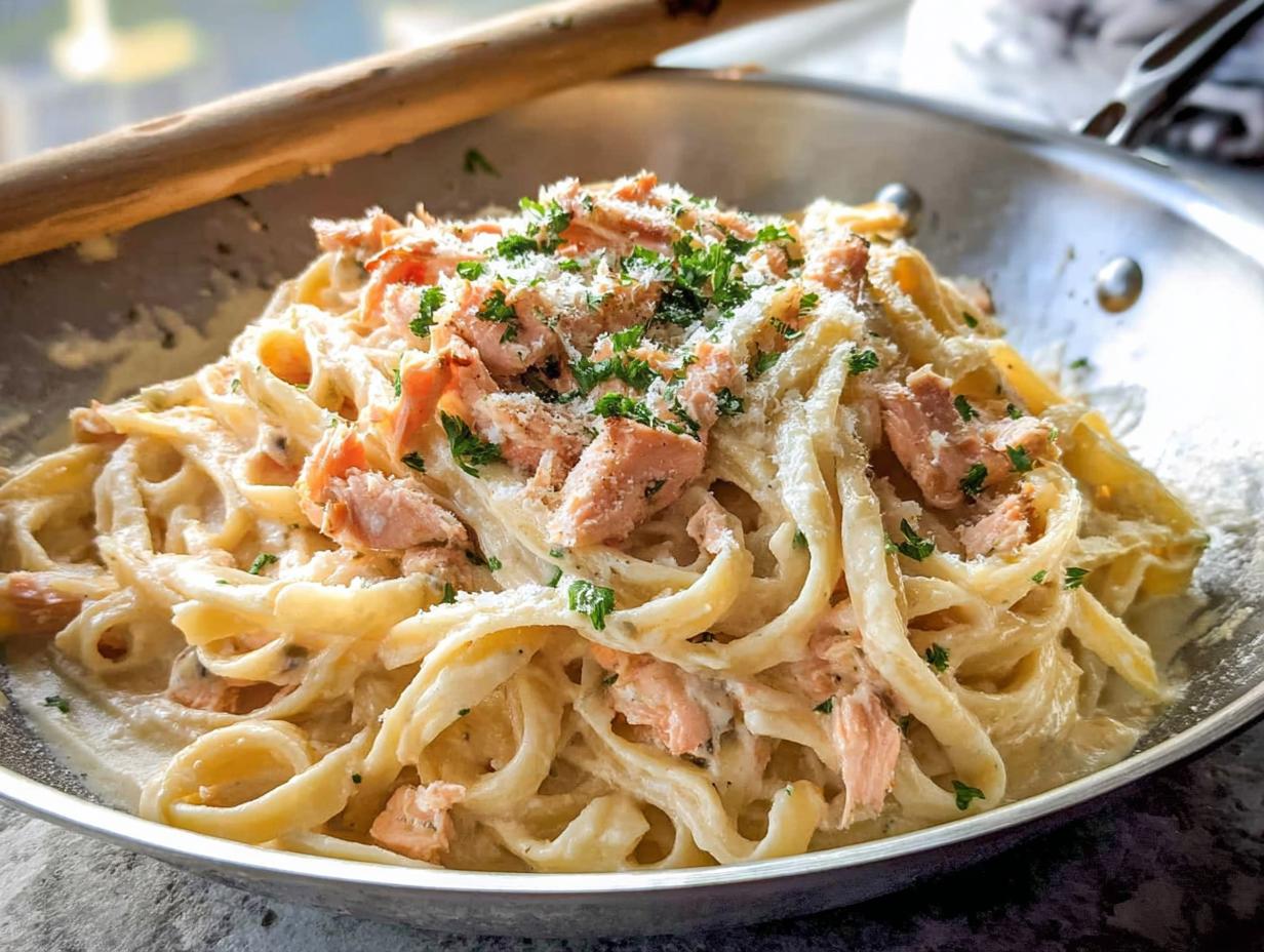 A close-up of Light & Creamy Salmon Pasta served in a pan, topped with flaked salmon and fresh parsley.