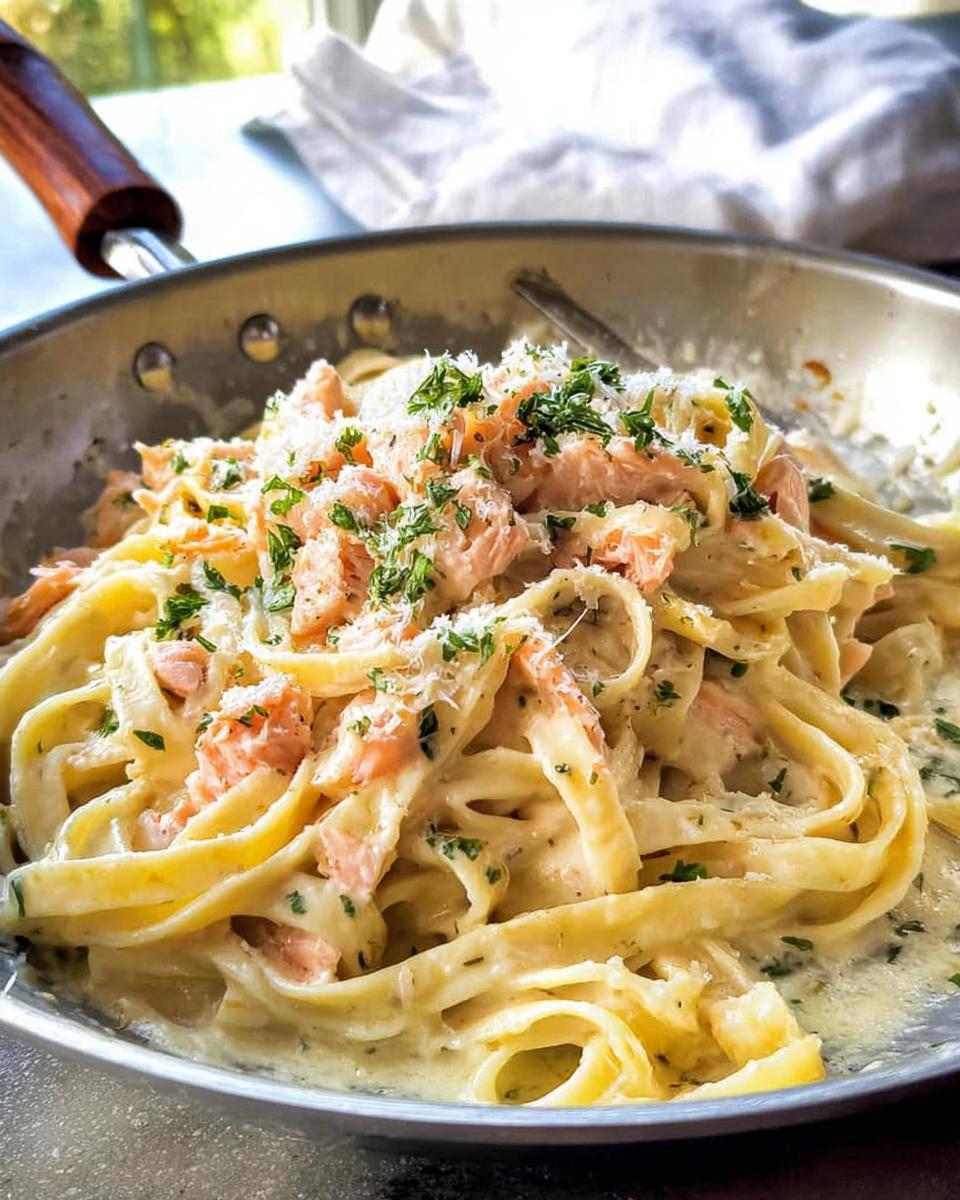 Close-up of Light & Creamy Salmon Pasta with flaked salmon and parsley in a skillet.