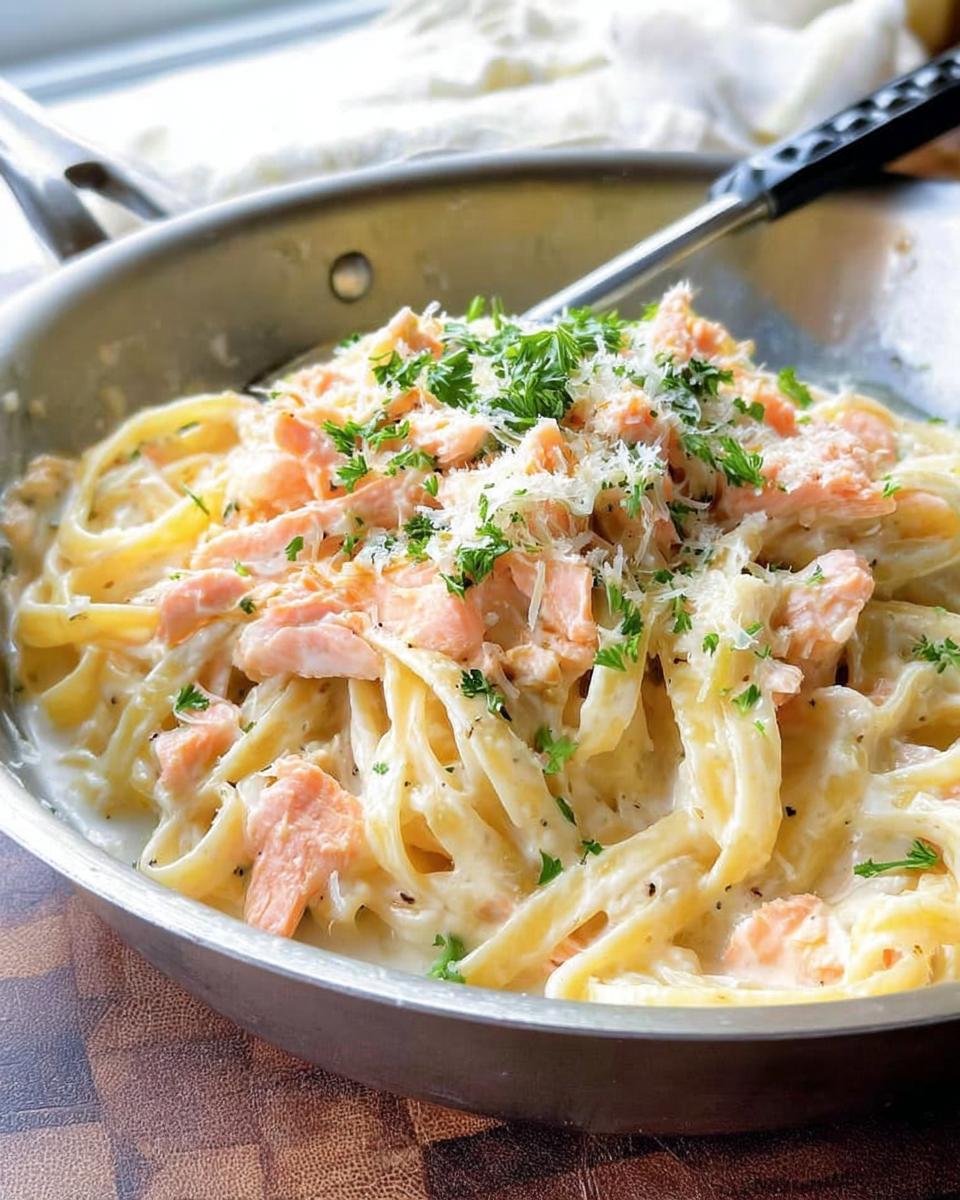 A close-up of Light & Creamy Salmon Pasta served in a skillet, topped with flaked salmon, grated cheese, and fresh parsley.