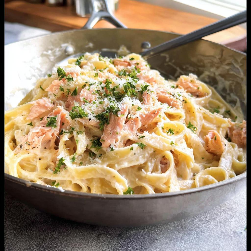 A close-up of a bowl filled with Light & Creamy Salmon Pasta, topped with flaked salmon, parmesan, and parsley.