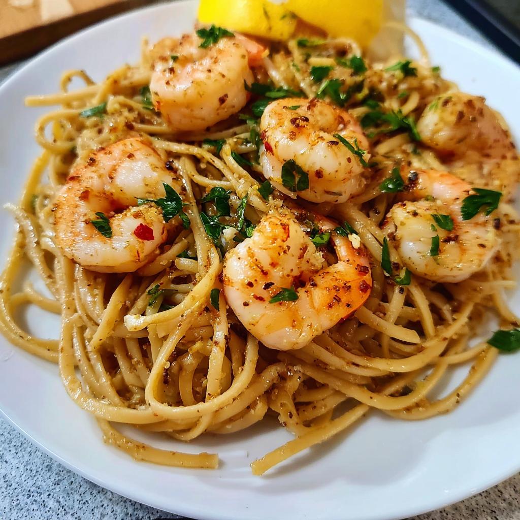 A plate of lighter Shrimp Scampi with linguine pasta, topped with plump shrimp, fresh parsley, and a lemon wedge.