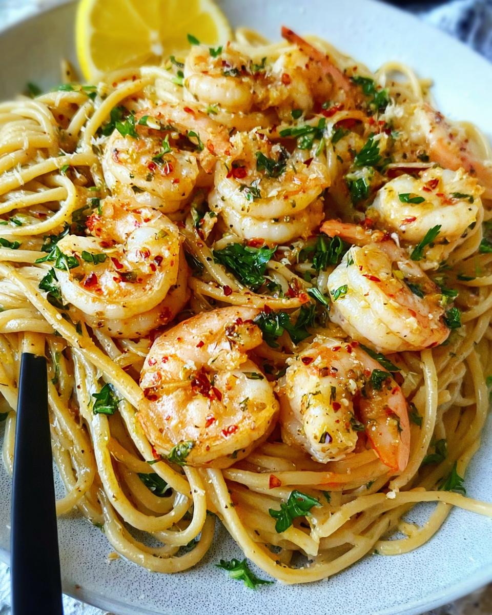 A close-up of a plate of Lighter Shrimp Scampi with spaghetti, topped with fresh parsley and a lemon wedge.