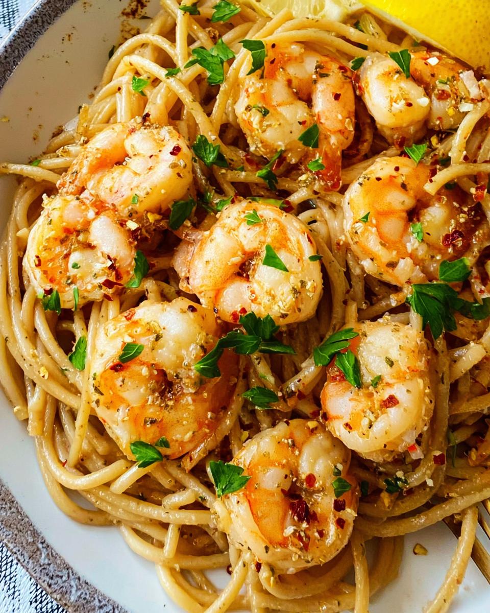 A close-up of a bowl of lighter Shrimp Scampi, featuring plump shrimp tossed with whole wheat spaghetti and garnished with parsley.