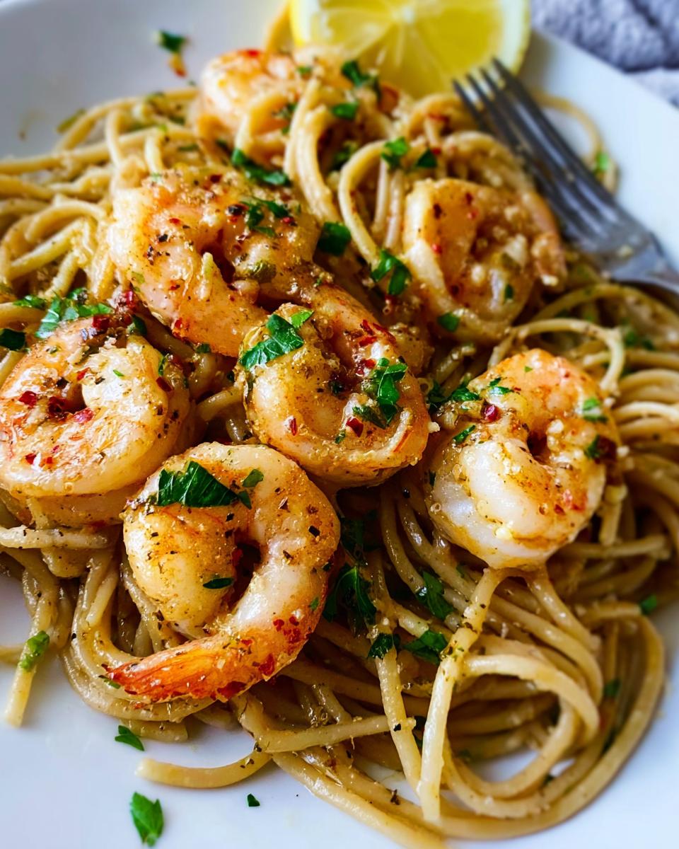 Close-up of Lighter Shrimp Scampi served over whole wheat spaghetti, garnished with parsley and a lemon wedge.