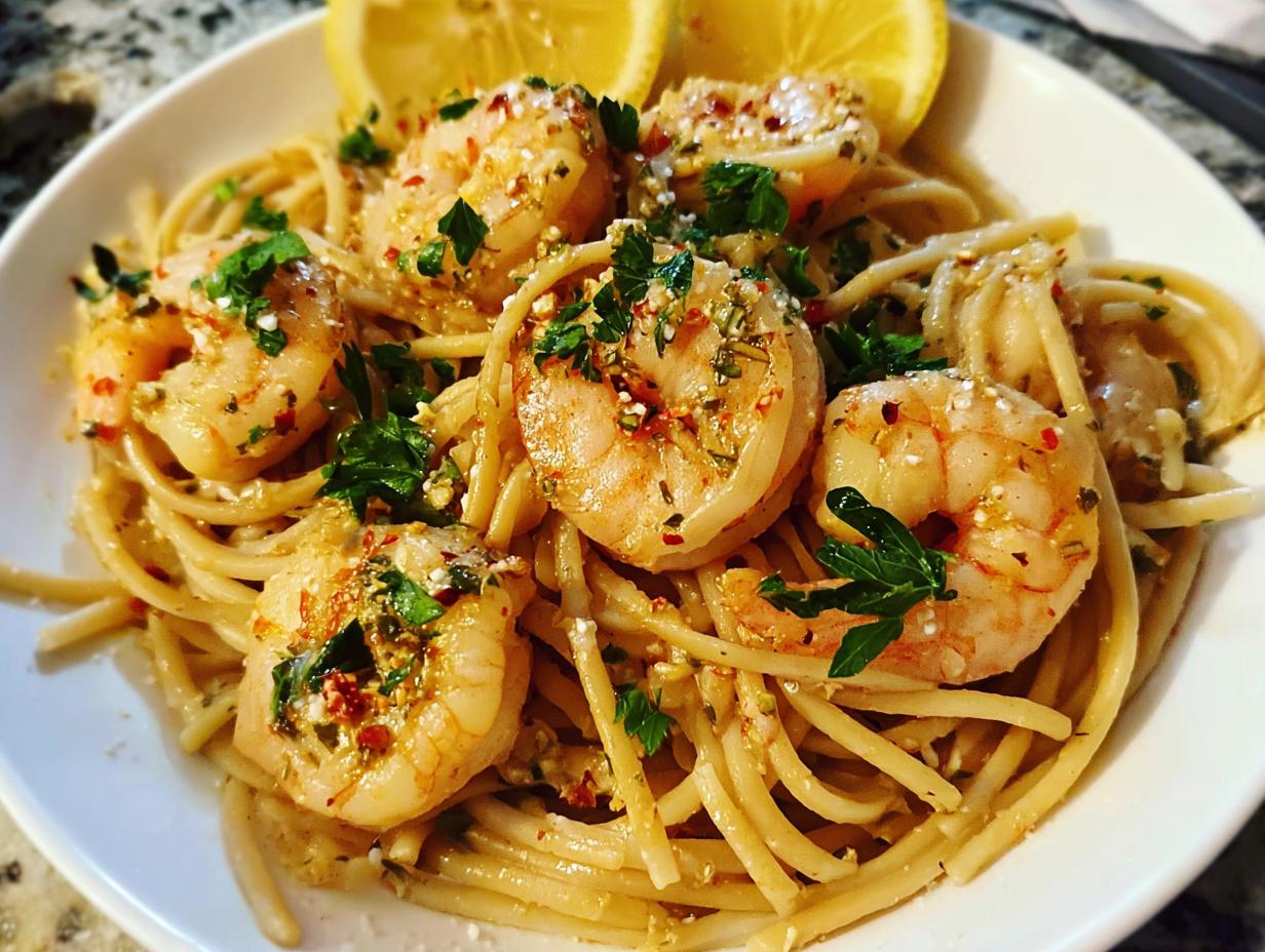 A close-up of a bowl of Lighter Shrimp Scampi with spaghetti, garnished with lemon slices and parsley.