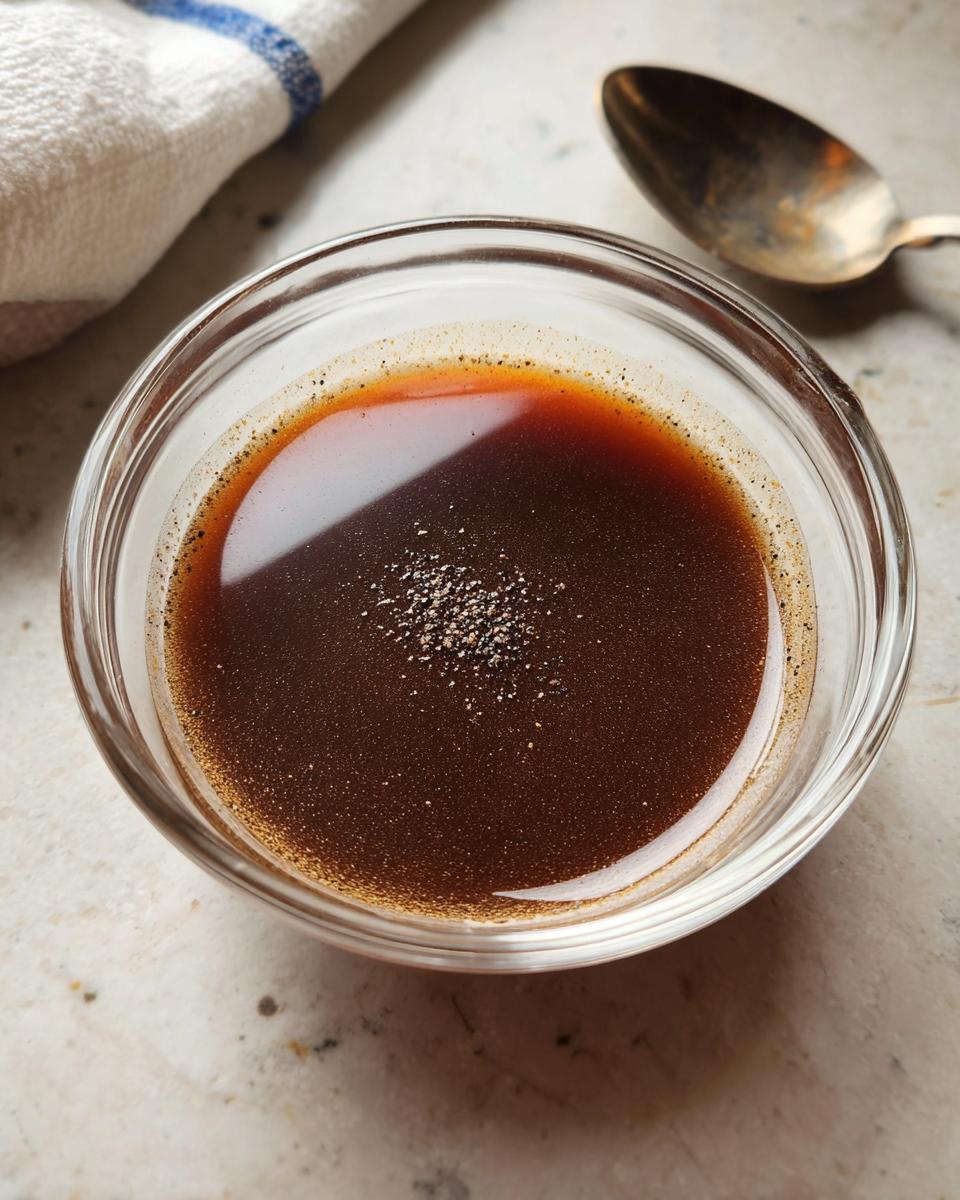 Close-up of rich brown liquid au jus, seasoned with pepper, made from Homemade Dry Au Jus Seasoning Mix.
