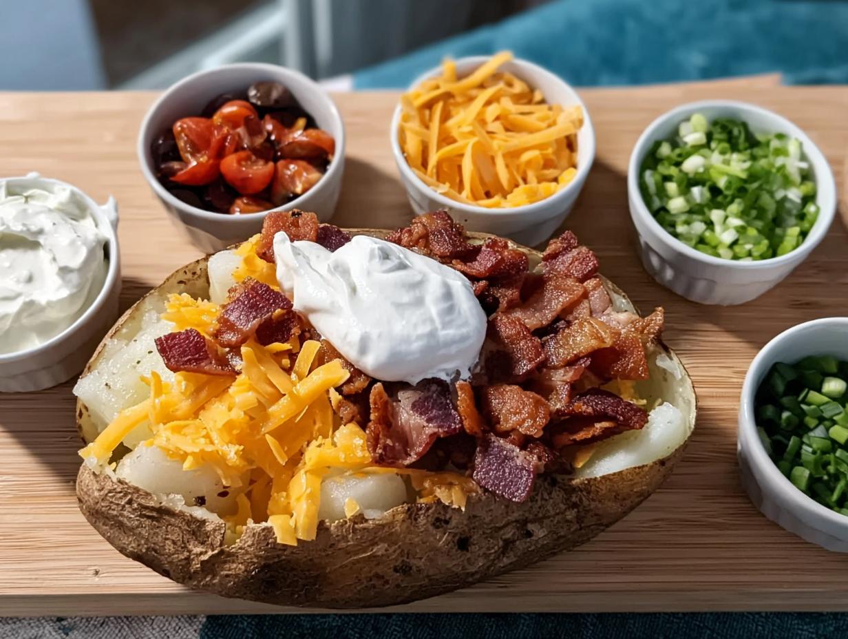 A fully loaded baked potato topped with cheese, bacon, and sour cream, surrounded by bowls of toppings for Loaded Baked Potatoes.