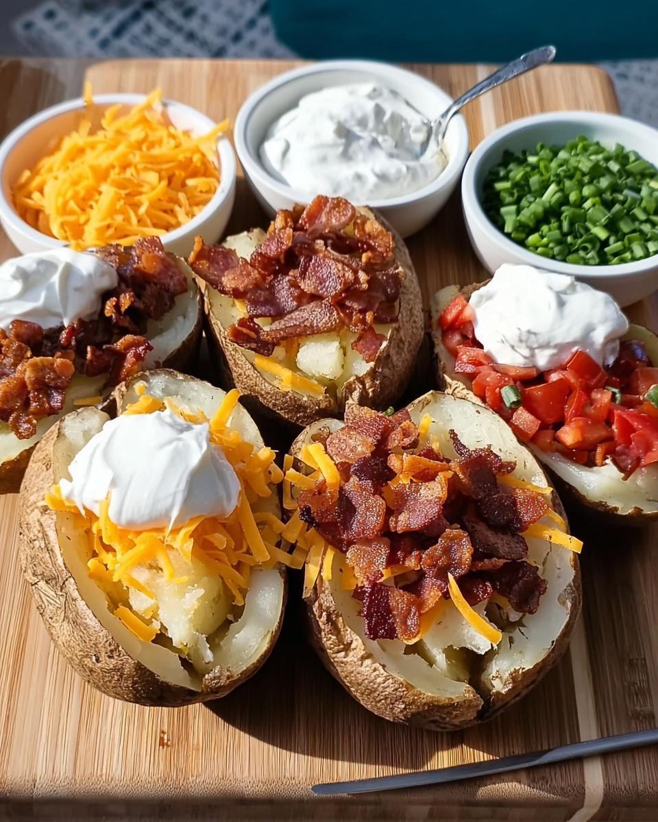 Five different Loaded Baked Potatoes displayed with bowls of shredded cheese, sour cream, and chives.