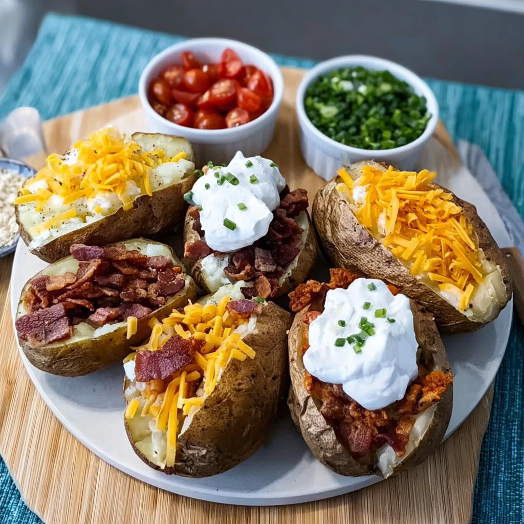 Six different Loaded Baked Potatoes topped with cheese, bacon, and sour cream, served with sides of chopped tomatoes and chives.