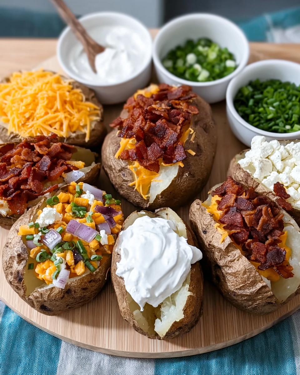Assortment of fully loaded baked potatoes with toppings like bacon, cheese, sour cream, and chives for bar night.