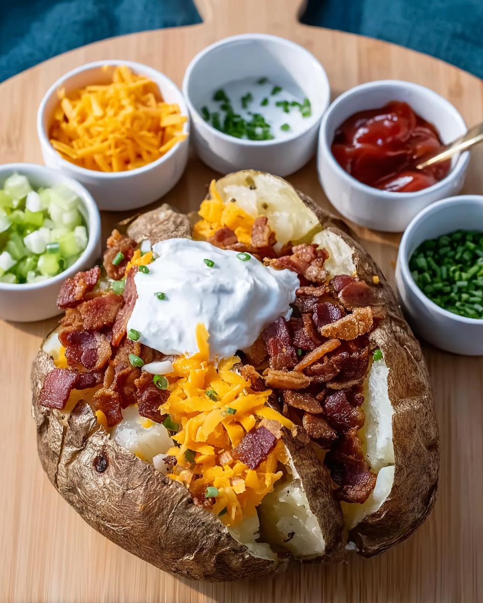 A fully loaded baked potato topped with sour cream, shredded cheddar cheese, and crispy bacon bits, surrounded by bowls of toppings.