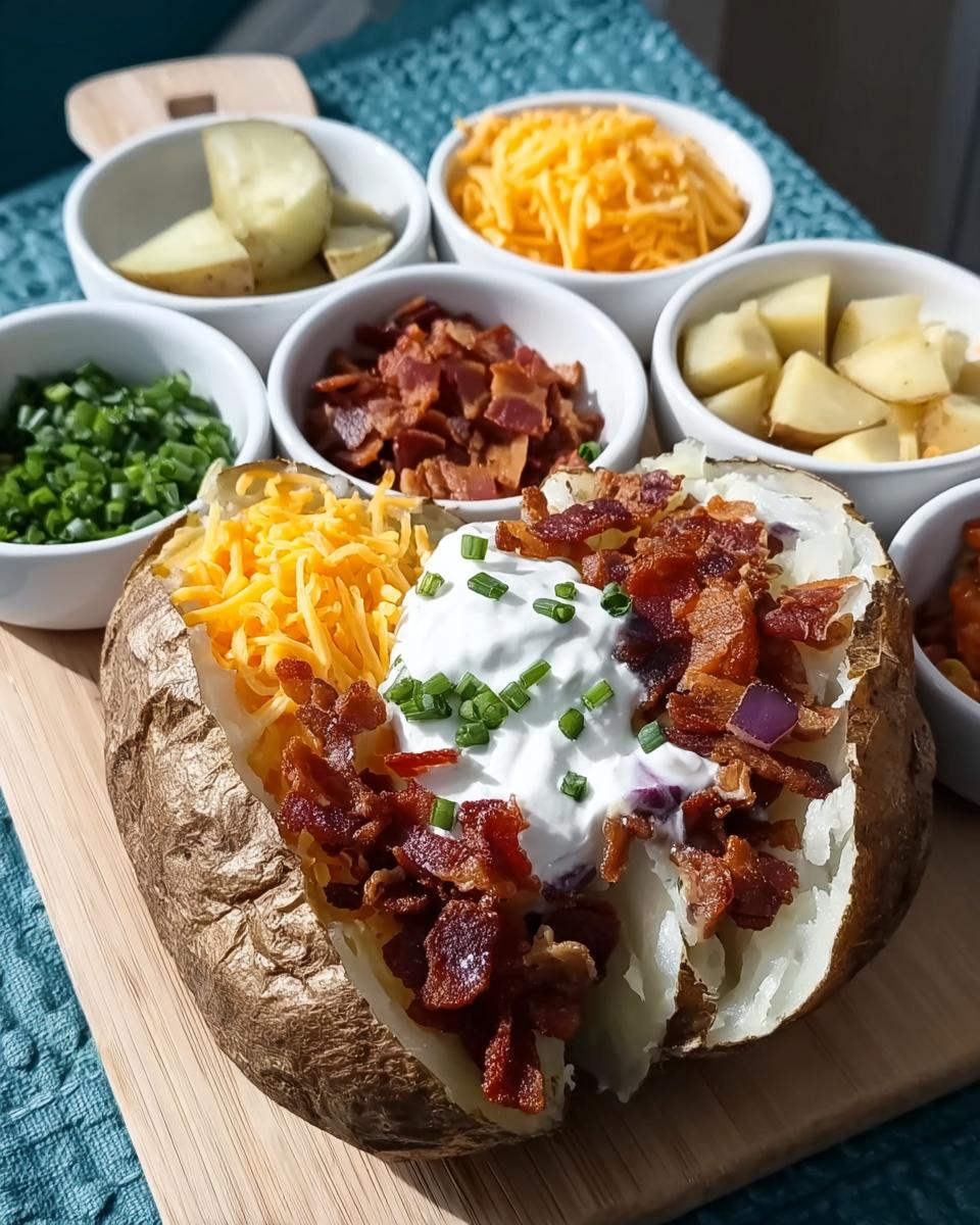 A fully loaded baked potato topped with sour cream, bacon, and chives, surrounded by bowls of toppings for Loaded Baked Potatoes (Bar Night).