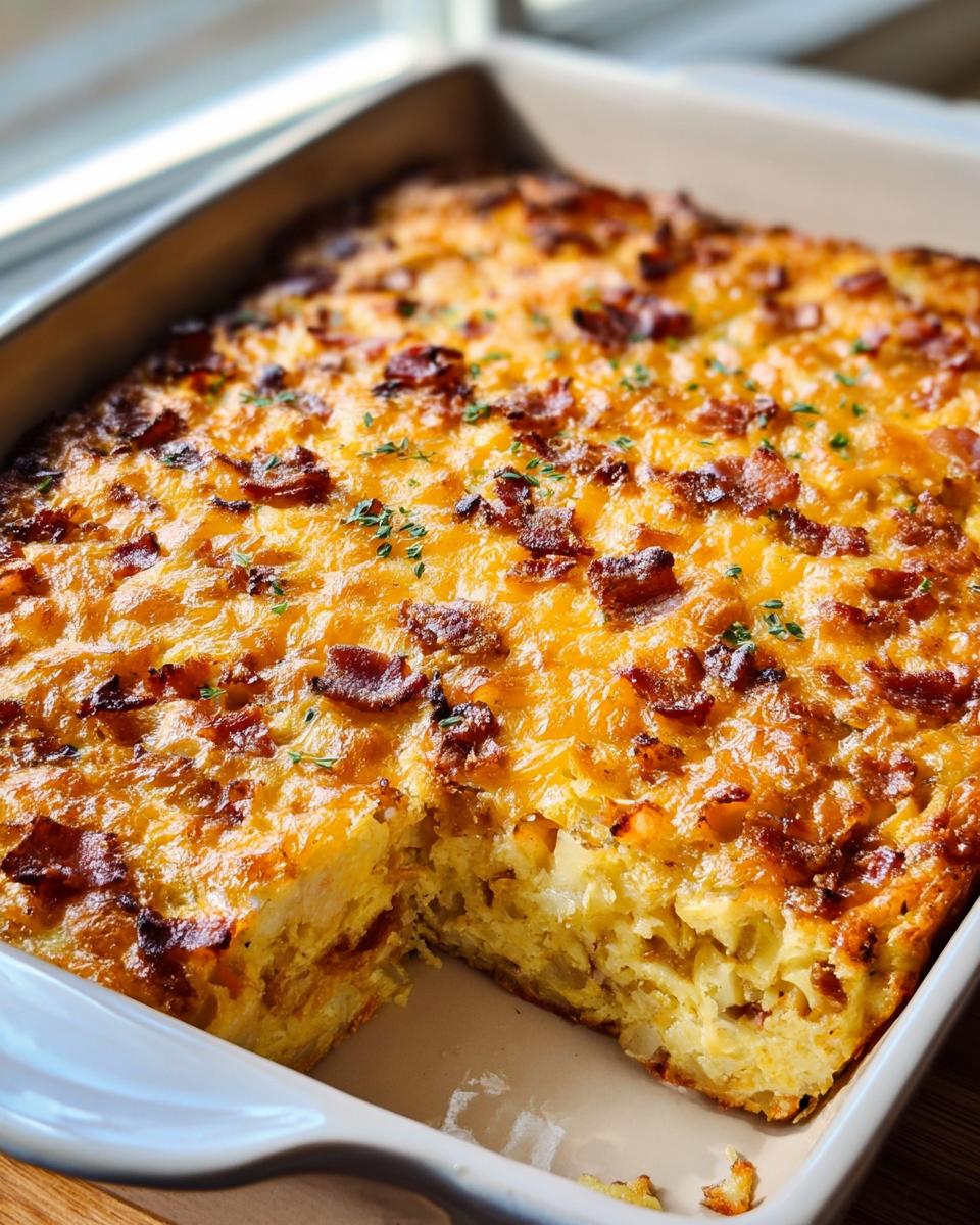 A golden-brown Loaded Breakfast Casserole with Bacon and Potatoes, showing a slice removed from the baking dish.
