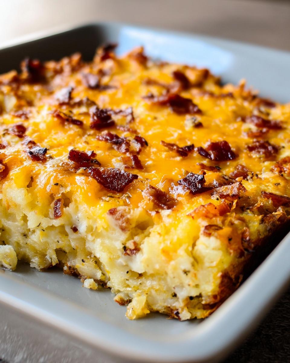 A close-up view of a square portion of Loaded Breakfast Casserole with Bacon and Potatoes topped with melted cheddar cheese.