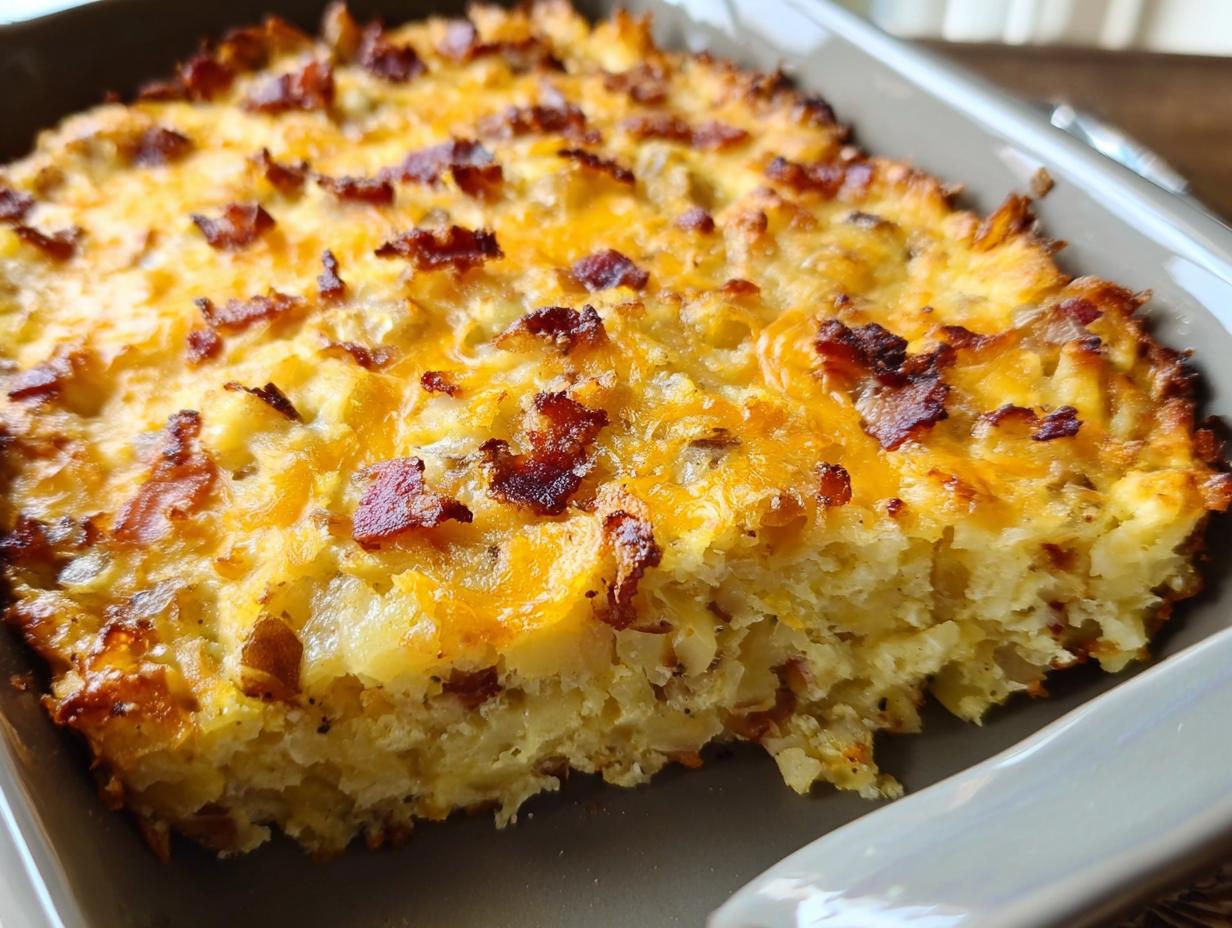 Close-up of a baked Loaded Breakfast Casserole with Bacon and Potatoes, featuring a golden, cheesy top layer.