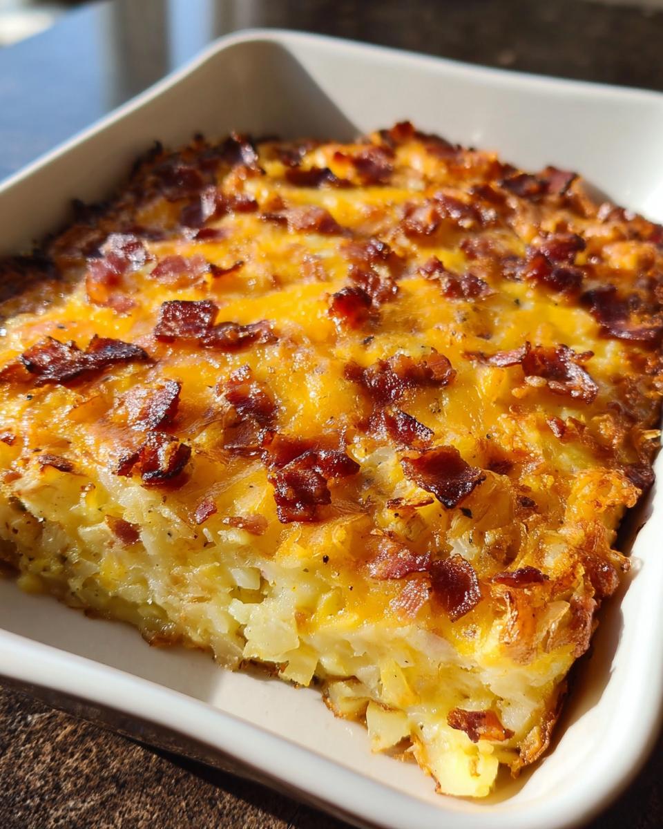 A close-up of a slice of Loaded Breakfast Casserole with Bacon and Potatoes, topped with melted cheddar cheese and crispy bacon bits.