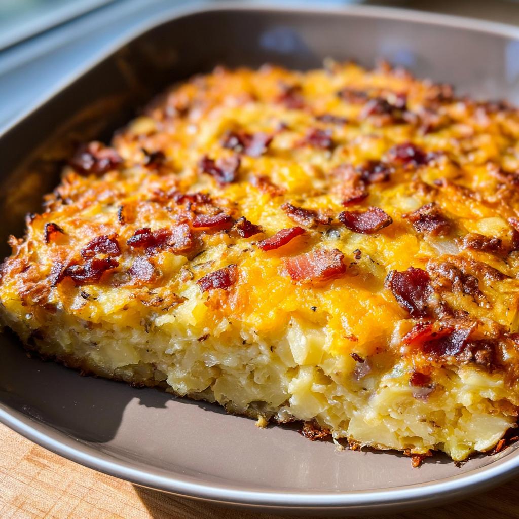 A close-up of a hearty slice of Loaded Breakfast Casserole with Bacon and Potatoes, topped with melted cheddar and crispy bacon bits.