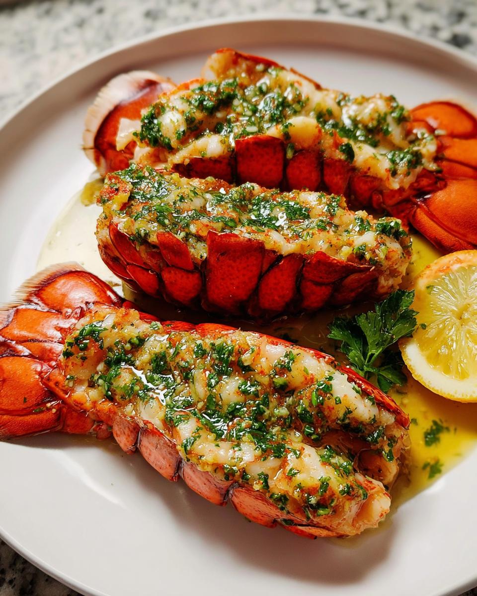 Three cooked Lobster Tails with Garlic Lemon Butter sauce served on a white plate with a lemon wedge.