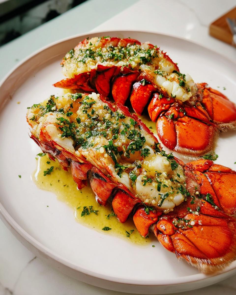 Two cooked Lobster Tails with Garlic Lemon Butter sauce and fresh parsley on a white plate.